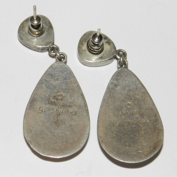 Navajo John Charley Silver 925 - Turquoise Lapis Inlay Earrings 13.3g - Picture 10 of 11